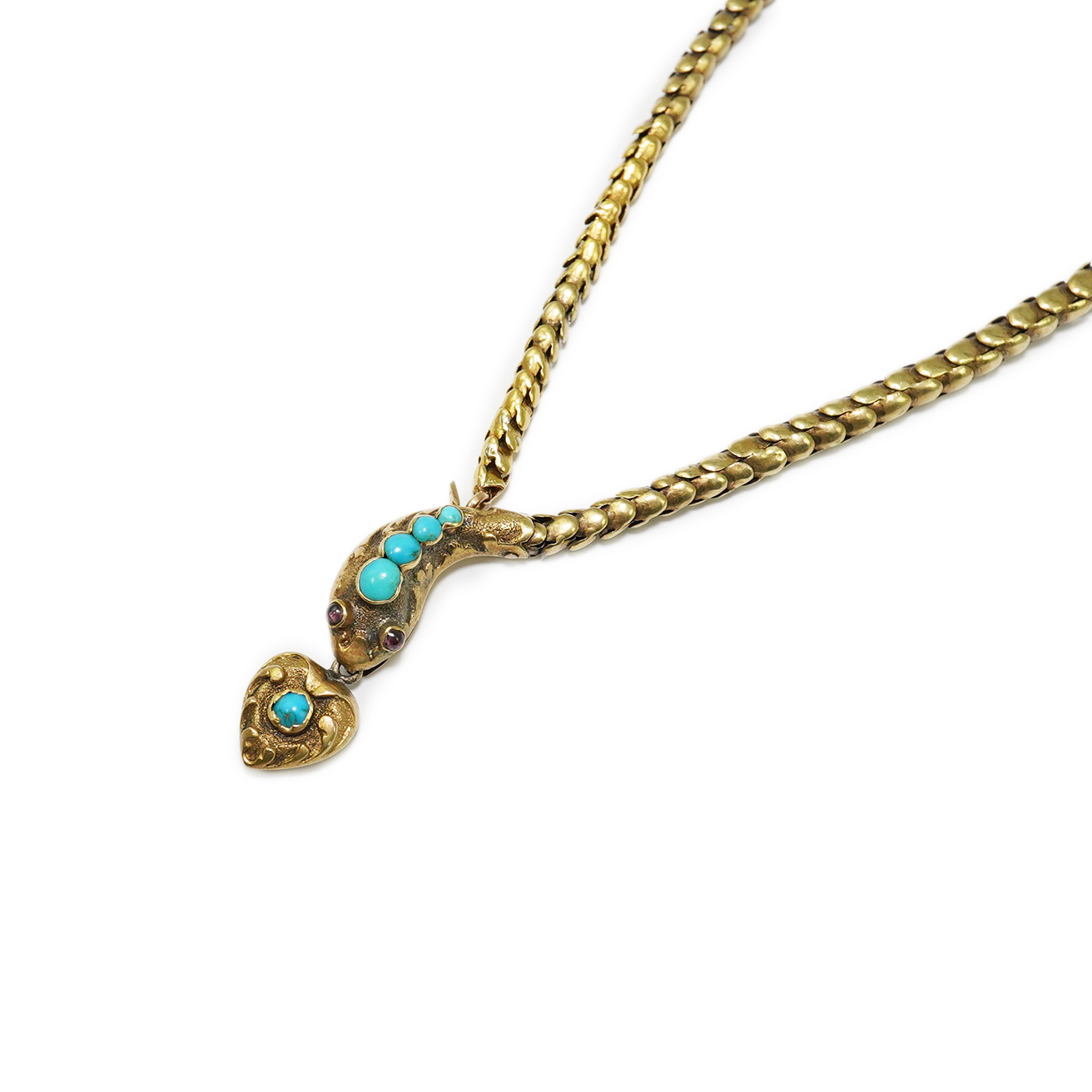 A Victorian gold, turquoise and cabochon garnet set serpent necklace